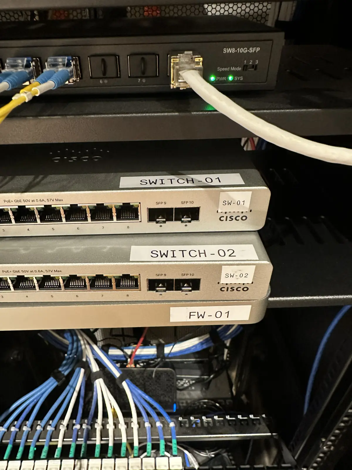 Labeled Cisco switch and firewall deployment in rack
